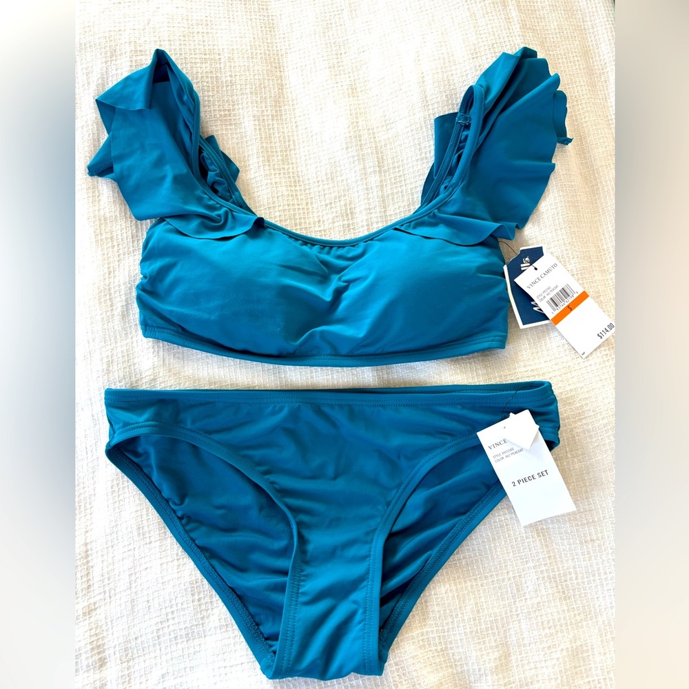 Vince Camuto Teal Ruffled Shoulder Bikini